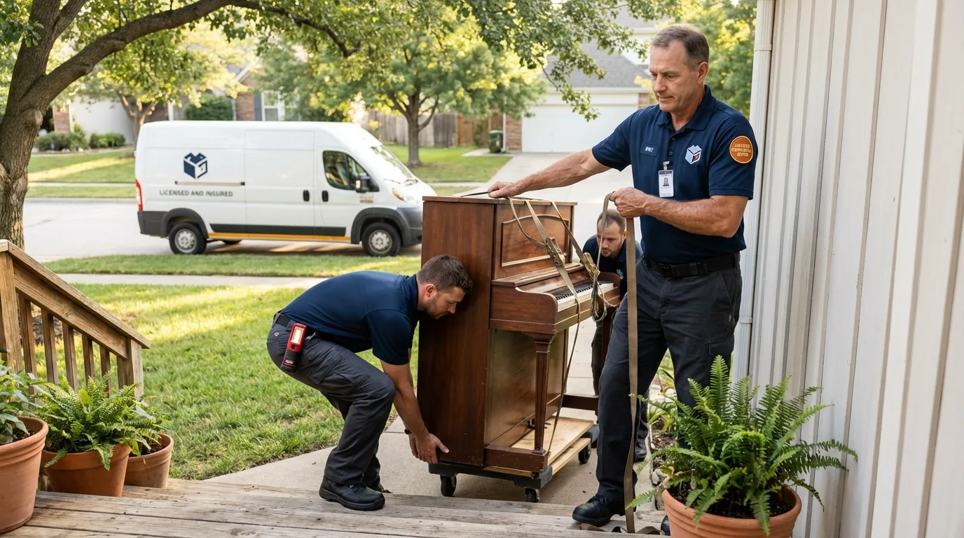 Licensed piano movers securing grand piano in Algonac, MI