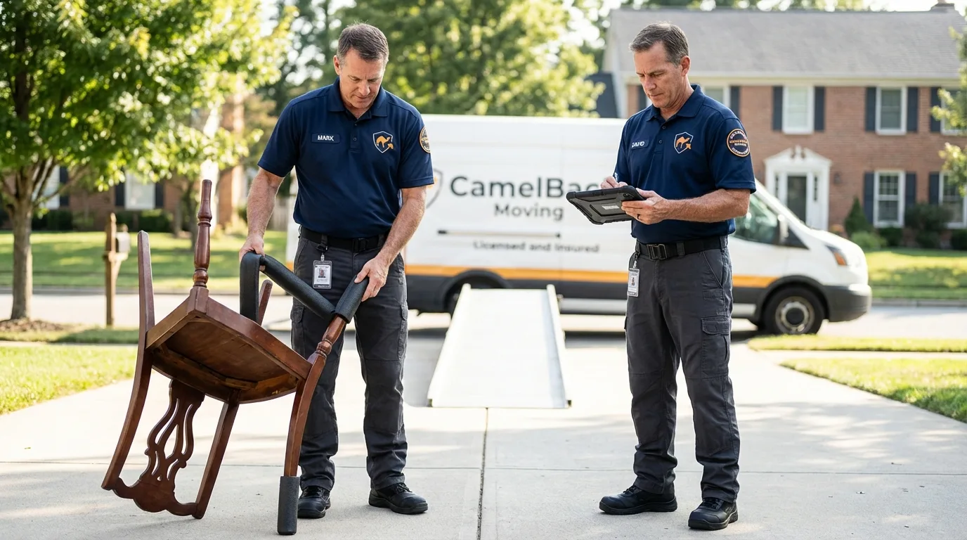 Movers inspecting furniture for damage prevention before loading in Algonac, MI